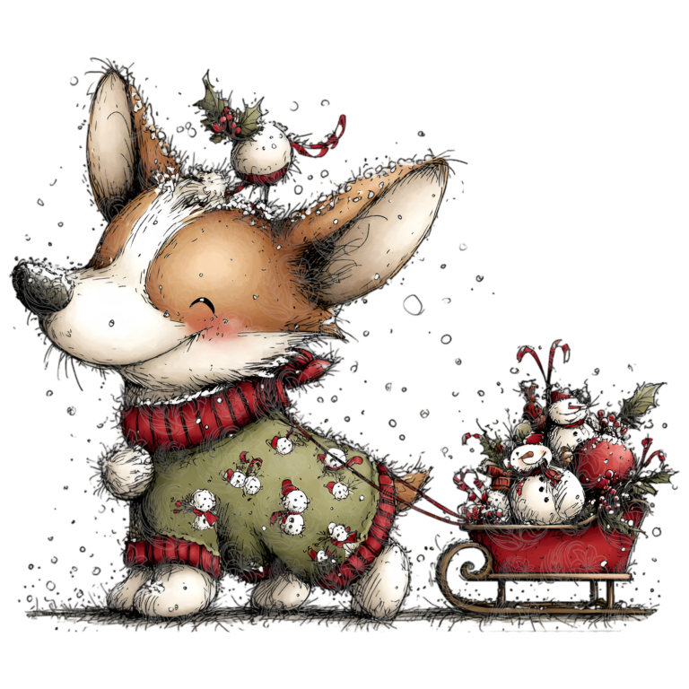 Cute christmas dog in festive pyjamas pulling a red sleigh full of snowmen and candy canes, Grey Barn Handwerk, Saskatchewan.